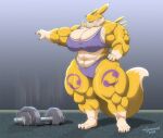  abs anthro bandai_namco biceps big_muscles black_sclera blue_eyes bra camel_toe clothing digimon digimon_(species) dropping_object dumbbell exercise female fur fur_markings grey_background hand_on_hip high_waisted_bottomwear huge_muscles huge_thighs hyper looking_at_viewer low-angle_view markings multicolored_body multicolored_fur muscular muscular_anthro muscular_arms muscular_female muscular_legs muscular_thighs neck_tuft panties purple_bra purple_clothing purple_panties purple_underwear quads renamon signature simple_background solo tan_body tan_fur thick_thighs triceps tuft two_tone_body two_tone_fur underwear weightlifting weights workout xxsparcoxx yellow_body yellow_fur 