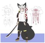  1boy ahoge animal_ear_fluff animal_ears arm_guards arm_tattoo armor back back_tattoo braid character_sheet chromaticmuse clenched_hand closed_mouth english_text eyebrows_visible_through_hair eyes_visible_through_hair facial_mark flat_top fox_boy fox_ears fox_tail greaves grey_hair hair_between_eyes hair_ribbon hatching_(texture) holding holding_sword holding_weapon japanese_armor long_hair male_focus multiple_views original pauldrons ponytail profile red_eyes ribbon shoulder_armor shoulder_tattoo single_bare_shoulder single_pauldron sode standing suneate sword tail tattoo vambraces weapon whisker_markings 