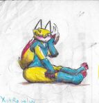 anthro armwear big_butt blush butt canid canine clothed clothing footwear fox fur hair half_naked handwear hood legwear looking_at_viewer mael_(yoshreveluv) male mammal marker_(artwork) mixed_media pen_(artwork) pose presenting presenting_body red_body red_fur shaded simple_background solo stockings tail thigh_highs traditional_media_(artwork) white_background yellow_body yellow_fur yoshreveluv