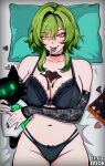  1girl absurdres august_anomaly black_bra black_nails black_panties bra breasts candy cat chocolate chocolate_on_body chocolate_on_breasts cleavage eriqk food food_in_mouth food_on_body glowing glowing_eyes green_eyes green_hair hair_between_eyes heart heart-shaped_chocolate heart-shaped_food highres indie_virtual_youtuber lace lace_sleeves large_breasts lingerie lying mole mole_under_each_eye mole_under_eye multiple_moles navel on_back panties pillow red_eyes underwear virtual_youtuber 