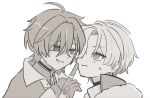  2boys :d ahoge belt belt_collad black_choker black_gloves blush choker coat collar commentary_request eye_contact face-to-face finger_on_another's_head fur-trimmed_coat fur_trim genshin_impact gloves greyscale grin hair_over_one_eye hand_on_another's_cheek hand_on_another's_face highres illuga_(genshin_impact) lohen_(genshin_impact) looking_at_another male_focus mole mole_under_eye monochrome multiple_boys parted_lips shirt short_hair smile sweatdrop sweater tun_na6 turtleneck turtleneck_sweater upper_body white_background 