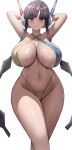  1girl absurdres bangs bikini black_hair blue_eyes blunt_bangs breasts closed_mouth elesa_(pokemon) eyebrows_visible_through_hair highres huge_breasts jasony long_hair looking_at_viewer multicolored_bikini multicolored_clothes navel pokemon pokemon_(game) pokemon_bw2 simple_background smile solo sweat swimsuit thighs twintails white_background 