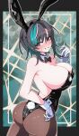  1girl absurdres animal_ear_hairband animal_ears aqua_hair ass averting_eyes backless_leotard bare_back bare_shoulders black_bow black_bowtie black_hair black_leotard black_pantyhose blush bow bowtie breasts cleavage commentary detached_collar fake_animal_ears fake_tail gloves hairband hand_up highleg highleg_leotard highres hololive hololive_dev_is kaiju_ryoku large_breasts leotard looking_at_viewer looking_back multicolored_hair pantyhose playboy_bunny rabbit_ear_hairband rabbit_ears rabbit_tail red_eyes rindo_chihaya short_hair sideboob solo strapless strapless_leotard streaked_hair tail traditional_bowtie virtual_youtuber white_gloves white_streaks white_wrist_cuffs wrist_cuffs 