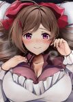  1girl ahoge blush breasts brown_hair cleavage closed_mouth commission hair_ornament hair_ribbon hairclip highres kantai_collection large_breasts long_hair looking_at_viewer mamiya_(kancolle) pillow purple_eyes ribbon skeb_commission smile solo sweat sweatdrop upper_body yunamaro 