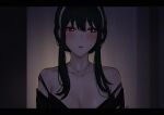  1girl bangs bare_shoulders black_hair blush breasts chinese_commentary cleavage collarbone commentary commentary_request earrings eyebrows_visible_through_hair hairband highres jewelry necklace off_shoulder parted_lips red_eyes selcky solo spy_x_family upper_body white_hairband yor_briar 