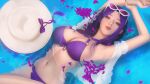  1girl afloat bangs bikini breasts caitlyn_(league_of_legends) cleavage eyewear_on_head hat hat_ribbon highres in_water korean_commentary league_of_legends long_hair looking_at_viewer medium_breasts mole mole_under_eye nail_polish navel o-ring o-ring_bikini parted_bangs petals petals_on_liquid pool_party_caitlyn purple_bikini purple_nails purple_ribbon ribbon smile solo sunglasses swimsuit thaumazo water white_headwear 