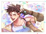  1boy anger_vein balloon bare_shoulders birthday_cake black_gloves black_hair blue_tank_top blush brown_eyes cake collarbone confetti covered_abs covered_pectorals dondonri_hh earrings elbow_gloves fingerless_gloves food gloves hair_bun happy_birthday highres holding holding_cake holding_food holding_tray jade_(gemstone) jewelry necklace one_eye_closed open_mouth overwatch pectorals pendant rectangular_earrings single_earring sleeveless smile speech_bubble string_of_flags sweatdrop tank_top tight_clothes toned toned_male topknot tray wuyang_(overwatch) 