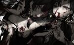  2girls black_gloves bleeding blood blood_on_face death earrings elbow_gloves gloves highres jewelry lipstick lying makeup multiple_girls narue nosebleed on_back original parted_lips pile_of_corpses red_eyes red_lips ring solo_focus 