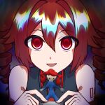  1girl bare_shoulders black_shirt commentary_request drill_hair hair_between_eyes hair_intakes holding_figure igaku_(utau) kasane_teto kasane_teto_(utau) looking_at_viewer number_tattoo open_mouth red_eyes red_hair shirt shoulder_tattoo sigma_1023 sleeveless sleeveless_shirt smile solo tattoo twin_drills upper_body utau vignetting 