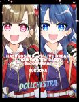  2girls 6th_live_dream_~bloom_garden_party~ :d ascot blue_eyes bow bowtie brown_hair collared_shirt column_lineup commentary_request dollchestra frilled_ascot frills group_name hair_bow highres holding holding_microphone jacket kachimachi_kosuzu kanduki_kamibukuro link!_like!_love_live! looking_at_viewer love_live! microphone multiple_girls murano_sayaka open_clothes open_jacket open_mouth pink_eyes plaid_bow plaid_bowtie plaid_clothes plaid_jacket purple_vest red_bow red_bowtie red_jacket shirt smile taiyou_de_are! translation_request upper_body v-shaped_eyebrows vest virtual_youtuber white_ascot white_shirt 