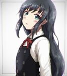  1girl :o asashio_(kancolle) asashio_kai_ni_(kancolle) black_hair blue_eyes blush collared_shirt dress eyebrows_visible_through_hair flat_chest h2_(h20000000) hair_between_eyes highres kantai_collection long_hair long_sleeves looking_at_viewer neck_ribbon pinafore_dress ribbon shirt sleeveless sleeveless_dress solo upper_body white_background white_shirt 