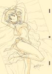  1girl absurdres animation_paper armpits arms_up artist_name ass bandeau bangs bed bed_sheet bob_cut bracelet breasts closed_mouth color_trace commentary cross-laced_footwear curled_fingers date_naoto dated earrings foot_up from_above fushigi_no_umi_no_nadia gem hands_up highres hoop_earrings jewelry light_smile looking_at_viewer lying midriff monochrome nadia_la_arwall navel neck_ring necklace on_back on_bed pelvic_curtain pendant sandals scan sepia sepia_background short_hair signature small_breasts smile solo traditional_media vest 