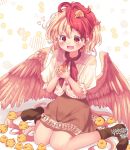  1girl :d animal animal_background arms_up baby_animal bird bird_tail bird_wings blonde_hair blush boots brown_boots brown_dress chick commentary_request dress feathered_wings hair_between_eyes heart highres holding holding_animal holding_bird kemo_chiharu layered_dress looking_down multicolored_hair neckerchief niwatari_kutaka open_mouth puffy_short_sleeves puffy_sleeves red_eyes red_hair red_neckerchief short_hair short_sleeves signature sitting smile solo tail touhou two-tone_hair wariza white_background wings 