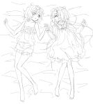  2girls ahoge alternate_costume bangs bare_arms barefoot bed_sheet blush bow eyebrows_visible_through_hair eyes_visible_through_hair frilled_nightgown frilled_shirt frilled_shorts frilled_sleeves frills full_body greyscale holding_hands irina_kushu knees_together_feet_apart light_blush long_hair long_sleeves looking_at_another lying magia_record:_mahou_shoujo_madoka_magica_gaiden mahou_shoujo_madoka_magica messy_hair miwa_mitsune monochrome multiple_girls nightgown on_back pajamas shirt short_hair shorts sketch spaghetti_strap swept_bangs twintails you2 yuri 