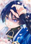  1boy armor black_bodysuit black_bridal_gauntlets blue_cape blue_hair blunt_ends bodysuit bridal_gauntlets cape cherry_blossoms closed_mouth colored_inner_hair covered_collarbone curled_fingers eyeliner falling_petals genshin_impact grey_pupils hand_up izu_114514 japanese_armor japanese_clothes kimono kote kurokote looking_at_viewer makeup male_focus multicolored_hair outdoors petals pink_petals portrait purple_eyes red_eyeliner scaramouche_(genshin_impact) shoulder_peek side_cape smile solo tree_shade twitter_username wanderer_(genshin_impact) watermark watermark_grid white_kimono 