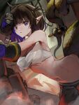 1girl absurdres ahoge arknights bare_shoulders black_gloves breasts brown_hair camisole commentary dutch_angle eunectes_(arknights) eunectes_(forgemaster)_(arknights) gloves hammer highres indoors looking_at_viewer medium_breasts navel noor7 parted_lips pointy_ears prehensile_tail purple_eyes short_hair snake_tail solo sweat tail underboob 