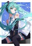  1girl ahoge aqua_eyes aqua_hair aqua_necktie aqua_trim arms_between_legs black_skirt black_sleeves blue_sky blurry blurry_background blurry_foreground border breasts breasts_out closed_mouth cloud collared_shirt commentary day detached_sleeves falling_petals floating_hair hair_ornament hatsune_miku hatsune_miku_(vocaloid3) headphones long_hair looking_to_the_side miniskirt mnemo_(mnemorikriyairo) necktie number_tattoo petals pleated_skirt shirt shoulder_tattoo sidelocks sitting skirt sky sleeveless sleeveless_shirt smile solo tattoo thighhighs tie_clip turning_head twintails untranslatable_commentary untucked_shirt very_long_hair vocaloid white_border white_petals white_shirt wing_collar zettai_ryouiki 