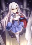  1girl bangs blue_dress breasts brown_eyes cape dress fairy_knight_lancelot_(fate) fairy_knight_lancelot_(second_ascension)_(fate) fate/grand_order fate_(series) forked_eyebrows frills gabiran long_hair long_sleeves looking_at_viewer sidelocks small_breasts smile solo thighhighs white_hair white_legwear 