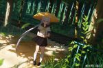  1girl absurdres highres kneehighs long_hair looking_at_viewer low_ponytail naruto_maki_(naruto05) original outdoors parasol pleated_skirt ponytail railroad_tracks school_uniform serafuku skirt socks solo tree tree_shade umbrella very_long_hair watermark weibo_watermark white_hair 