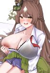  1girl :d absurdres blue_skirt blush braid breasts brown_hair cardigan cardigan_around_waist clothes_around_waist collarbone commentary ear_ribbon english_commentary green_cardigan green_ribbon highres large_breasts long_hair long_sleeves looking_at_viewer nipples one_breast_out open_mouth reza_(27232098) ribbon satono_diamond_(umamusume) school_uniform shirt simple_background sitting skirt smile solo teeth umamusume upper_teeth_only white_background white_shirt yellow_eyes 