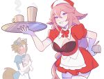  1boy 1girl alternate_costume animal_ears apron bow breasts brown_hair coffee_cup cup disposable_cup dress fox_ears fox_tail genshin_impact gorou_(genshin_impact) hair_bow highres holding holding_plate kitsune large_breasts lilyglazed long_hair looking_at_viewer multicolored_hair parfait pink_hair plate puffy_short_sleeves puffy_sleeves purple_eyes red_dress red_headwear short_hair short_sleeves smile tail tray two-tone_hair waist_apron waitress white_background white_hair white_legwear yae_miko 