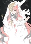  1girl absurdres ambience_synesthesia arknights bird black_background blending commentary disembodied_hand expressionless facial_mark halo hand_up highres lemuen_(arknights) lemuen_(requiem_vesperis)_(arknights) long_hair mark_under_eye official_alternate_costume one_eye_covered partially_colored pink_eyes pink_hair solo teardrop_facial_mark traditional_halo untranslatable_commentary veil white_veil xiaozhi383 