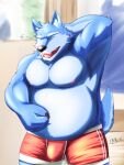  2022 anthro belly big_belly black_nose blue_body bulge canid canine clothing eyes_closed hi_res kemono male mammal moobs musclegut nipples overweight overweight_male solo tail_person underwear 