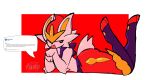 absurd_res ambiguous_gender anthro big_butt buckteeth butt cheek_tuft cinderace eyelashes facial_tuft feet_up fur generation_8_pokemon hi_res looking_at_viewer nintendo open_mouth orange_body orange_eyes orange_fur orange_nose pokemon pokemon_(species) principalix purple_body purple_fur red_background side_view simple_background solo speech_bubble teeth text thick_thighs tuft white_background white_body white_fur wide_hips
