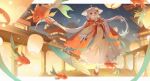  1girl absurdres ahoge animal_ears architecture chinese_commentary commentary_request commission dress east_asian_architecture fish flower flying_fish fox_ears fox_girl fox_tail grey_hair hair_flower hair_ornament hand_fan highres holding holding_fan holding_umbrella koi lantern long_hair night oil-paper_umbrella open_mouth original paper_lantern red_eyes sakurada_shiro_(hanfu)_(hy_plus) sakurada_shiro_(hy_plus) shio_(shiofeifei) solo tail twintails umbrella very_long_hair 