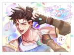  1boy anger_vein balloon bare_shoulders birthday_cake black_gloves black_hair blue_tank_top blush brown_eyes cake collarbone confetti covered_abs covered_pectorals cream cream_on_body cream_on_face dondonri_hh earrings elbow_gloves fingerless_gloves food food_on_face gloves hair_bun happy_birthday highres holding holding_cake holding_food holding_tray jade_(gemstone) jewelry necklace one_eye_closed open_mouth overwatch pectorals pendant rectangular_earrings single_earring sleeveless smile speech_bubble string_of_flags sweatdrop tank_top tight_clothes toned toned_male topknot tray wuyang_(overwatch) 