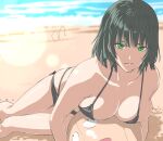  1boy 1girl bald ball bangs beach beachball bikini black_bikini black_hair blunt_bangs bob_cut breast_press breasts cleavage collarbone fubuki_(one-punch_man) green_eyes highres large_breasts looking_at_viewer mitsugu one-punch_man saitama_(one-punch_man) short_hair smile swimsuit 