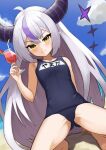  1girl absurdres ass_visible_through_thighs bangs blue_sky blue_swimsuit braid breasts closed_mouth cloud cup day demon_horns drink drinking_glass drinking_straw hair_between_eyes highres holding holding_cup hololive horns la+_darknesss light_smile long_hair looking_at_viewer multicolored_hair outdoors pointy_ears purple_hair pyonsan school_swimsuit sky slit_pupils small_breasts solo spread_legs streaked_hair striped_horns summer swimsuit very_long_hair virtual_youtuber yellow_eyes 