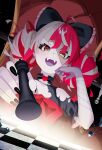  1girl ahoge black_dress black_nails chess_piece colored_skin dress gradient_eyes green_eyes grey_hair grey_skin heterochromia highres holding holding_chess_piece hololive hololive_indonesia kureiji_ollie kureiji_ollie_(1st_costume) kurumahu_01 looking_at_viewer medium_hair multicolored_eyes multicolored_hair nail_polish open_mouth red_eyes red_hair smile solo teeth torn_clothes torn_dress two-tone_hair upper_teeth_only virtual_youtuber yellow_eyes zombie 