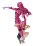  1girl 1other absurdres aged_down atalajoestar breasts closed_eyes closed_mouth collared_shirt colored_skin commentary derivative_work doll_joints english_commentary glitch hair_bobbles hair_ornament highres hirose_yasuho joints jojo_no_kimyou_na_bouken jojolion kneehighs loafers long_hair low-tied_long_hair low_twintails map_print paisley_park_(stand) pink_hair pink_skin school_uniform shirt shoes short_sleeves simple_background skirt small_breasts socks squatting stand_(jojo) twintails twitter_username white_background white_shirt white_socks 