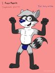  3_toes 4_fingers angry anthro belly blue_clothing blue_nose blue_underwear bottomwear brown_eyes bulge chubby_anthro chubby_male clothed clothing digital_media_(artwork) ear_tuft english_text fangs feet fingers fur grey_body grey_fur hair hi_res ismcartoons jockstrap jockstrap_only looking_at_viewer male mammal markings navel nipples open_mouth partially_clothed procyonid raccoon ring_(marking) roquemapache signature simple_background slightly_chubby smile solo spanish_text spread_legs spreading standing t-pose text toes tongue tuft underwear underwear_only white_body 