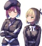  2girls bow bowtie brown_hair closed_eyes closed_mouth commentary_request green_eyes hat heaven_burns_red highres looking_at_another military_hat military_rank_insignia military_uniform multiple_girls nanase_nanami_(heaven_burns_red) purple_hair short_hair simple_background tatika714 tezuka_saki white_background white_bow white_bowtie 