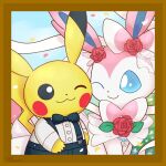  :3 animal_focus artist_name black_bow black_bowtie black_eyes black_pants blue_sclera blue_sky blush_stickers border bow bowtie brown_border buttons cheek-to-cheek closed_mouth clothed_pokemon colored_sclera commentary_request day ear_bow eye_contact flower happy heads_together highres jewelry long_sleeves looking_at_another monya necklace no_humans one_eye_closed outdoors overalls pants partial_commentary petals picture_frame pikachu pink_bow pink_bowtie pokemon pokemon_(creature) red_flower red_rose rose shirt shirt_tucked_in signature sky smile standing sylveon traditional_bowtie upper_body white_eyes white_shirt 
