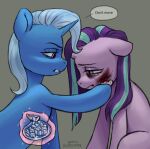 absurd_res abuse abused aftercare angry blood blood_on_face bloodymrr blue_body blue_hair bodily_fluids broken_horn duo duo_focus ears_down equid equine female female/female feral friendship_is_magic grey_background group hair half-length_portrait hand_on_face hasbro hi_res horn horse ice looking_at_another looking_down magic magic_user mammal mlp_g4 multicolored_hair my_little_pony mythological_creature mythological_equine mythology napkin pink_body pivoted_ears pony portrait purple_hair sad simple_background speech_bubble starlight_glimmer_(mlp) tired_eyes trixie_(mlp) two_tone_hair unicorn wiping_face wounded