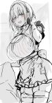  1girl :d apron back_bow blue_gk blush bow bowtie breasts cleavage cleavage_cutout clothing_cutout commentary_request cow cowboy_shot dress frilled_apron frills garter_straps gloves grey_background greyscale hair_between_eyes hand_up highres huge_breasts lifting_object looking_at_viewer maid maid_headdress monochrome open_mouth original pouch short_dress short_hair short_sleeves sketch smile solo standing thighhighs waist_apron 