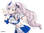  1girl blue_eyes blush braid braided_bangs breasts feather_hair_ornament feathers grey_hair hair_ornament highres hololive hololive_indonesia innocentmegami jewelry large_breasts long_hair looking_at_viewer midriff pavolia_reine smile solo virtual_youtuber 