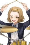  1girl :d arms_up blazer blue_jacket blue_ribbon brown_eyes brown_hair commentary_request drum drum_set drumsticks forehead hairband holding holding_drumsticks instrument jacket k-on! long_sleeves looking_at_viewer neck_ribbon open_clothes open_jacket open_mouth ribbon sakuragaoka_high_school_uniform school_uniform shirt short_hair simple_background smile solo su901 tainaka_ritsu teeth upper_body upper_teeth white_background white_shirt yellow_hairband 