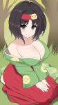  1girl alternate_breast_size_(larger) black_eyes black_hair bob_cut breasts cleavage closed_mouth collarbone commentary_request erika_(pokemon) full_body grass green_kimono hairband hakama hakama_skirt highres japanese_clothes kimono kocha_(jgug7553) large_breasts long_sleeves looking_at_viewer poke_ball_print pokemon pokemon:_let's_go_pikachu!_and_let's_go_eevee! red_hairband red_hakama seiza short_hair single_off_shoulder sitting skirt smile solo tree 