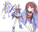  1girl 3d assault_visor boots bow brown_eyes brown_hair character_name closed_mouth clothes_writing commentary cowboy_shot crossover dress english_text fei-yen full_body haimura_kiyotaka hair_bow heart holding holding_weapon humanoid_robot joints light_blush long_hair long_sleeves looking_at_viewer mecha mecha_focus mixed-language_commentary multicolored_dress multiple_views official_art pleated_dress purple_dress red_bow robot robot_girl robot_joints science_fiction shirai_kuroko short_dress smile toaru_majutsu_no_index toaru_majutsu_no_virtual-on turtleneck turtleneck_dress twintails virtual_on wavy_hair weapon white_background white_dress 