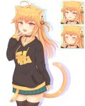  1girl :d ^_^ animal_ears antenna_hair bangs black_choker black_hoodie black_legwear blonde_hair blush cat_ears cat_girl cat_tail choker closed_eyes closed_mouth collarbone commentary_request drop_shadow ear_piercing expressions eyebrows_visible_through_hair fang green_skirt hair_between_eyes hair_intakes half-closed_eyes hand_up highres hood hood_down hoodie long_hair long_sleeves looking_at_viewer orange_eyes original paw_hair_ornament piercing pinching_sleeves pleated_skirt puffy_long_sleeves puffy_sleeves sakurato_ototo_shizuku skirt sleeves_past_wrists smile smirk tail thighhighs v white_background 