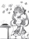  1girl :i apron bad_food blush bow braid breasts cleavage dress hair_bow highres hololive jitome looking_at_viewer maid maid_apron maid_headdress minato_aqua nanashi_(nlo) plate puffy_short_sleeves puffy_sleeves seiza short_sleeves sitting solo sweat sweating_profusely twintails virtual_youtuber 