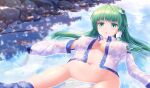  1girl bangs blue_skirt breasts breasts_apart clothes_pull commentary_request covered_nipples day detached_sleeves eyebrows_visible_through_hair frog_hair_ornament gohei green_eyes green_hair hair_ornament hair_spread_out hair_tubes highres jacket kochiya_sanae large_breasts lying lzh navel on_back open_clothes open_jacket outdoors skirt skirt_pull solo stone touhou water wet wet_clothes wide_sleeves 