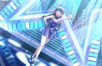  1girl ;d arm_up bare_shoulders breasts character_name dress dutch_angle fujishima_megumi game_asset half_updo hand_on_own_hip highres holding holding_microphone laser link!_like!_love_live! looking_at_viewer love_live! medium_breasts microphone non-web_source official_alternate_costume official_art one_eye_closed open_hand open_mouth purple_dress purple_eyes self-datamine sleeveless sleeveless_dress smile solo stage virtual_youtuber 
