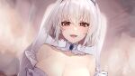  1girl :d albino azur_lane bangs bare_shoulders blue_gemstone blurry blurry_background breasts bright_pupils cleavage collarbone detached_collar detached_sleeves eyebrows_visible_through_hair gem highres large_breasts looking_at_viewer open_mouth oregano_(olgn_eao) red_eyes short_hair signature sirius_(azur_lane) smile solo upper_body veil white_hair 