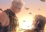  1boy 1girl absurdres bird blurry blurry_background chinese_commentary closed_mouth commentary_request dawn faceless faceless_female from_side hair_ornament hetero highres long_hair looking_at_another love_and_deepspace nose official_alternate_costume orange_sky profile protagonist_(love_and_deepspace) red_eyes shirt short_hair sky sun sylus_(grassland_romance)_(love_and_deepspace) sylus_(love_and_deepspace) upper_body watermark weibo_username weibo_watermark white_shirt yellow_sky zhishuo418 