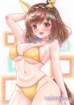  1girl absurdres animal_ears arm_behind_head bare_arms bare_shoulders bikini blush braid breasts brown_hair buena_vista_(umamusume) checkered_hairband collarbone commentary_request ear_covers hair_between_eyes hair_ornament hairband highres horse_ears horse_girl horse_tail large_breasts looking_at_viewer marker_(medium) medium_hair mimikuro navel open_mouth purple_eyes smile solo stomach swimsuit tail traditional_media umamusume yellow_bikini 